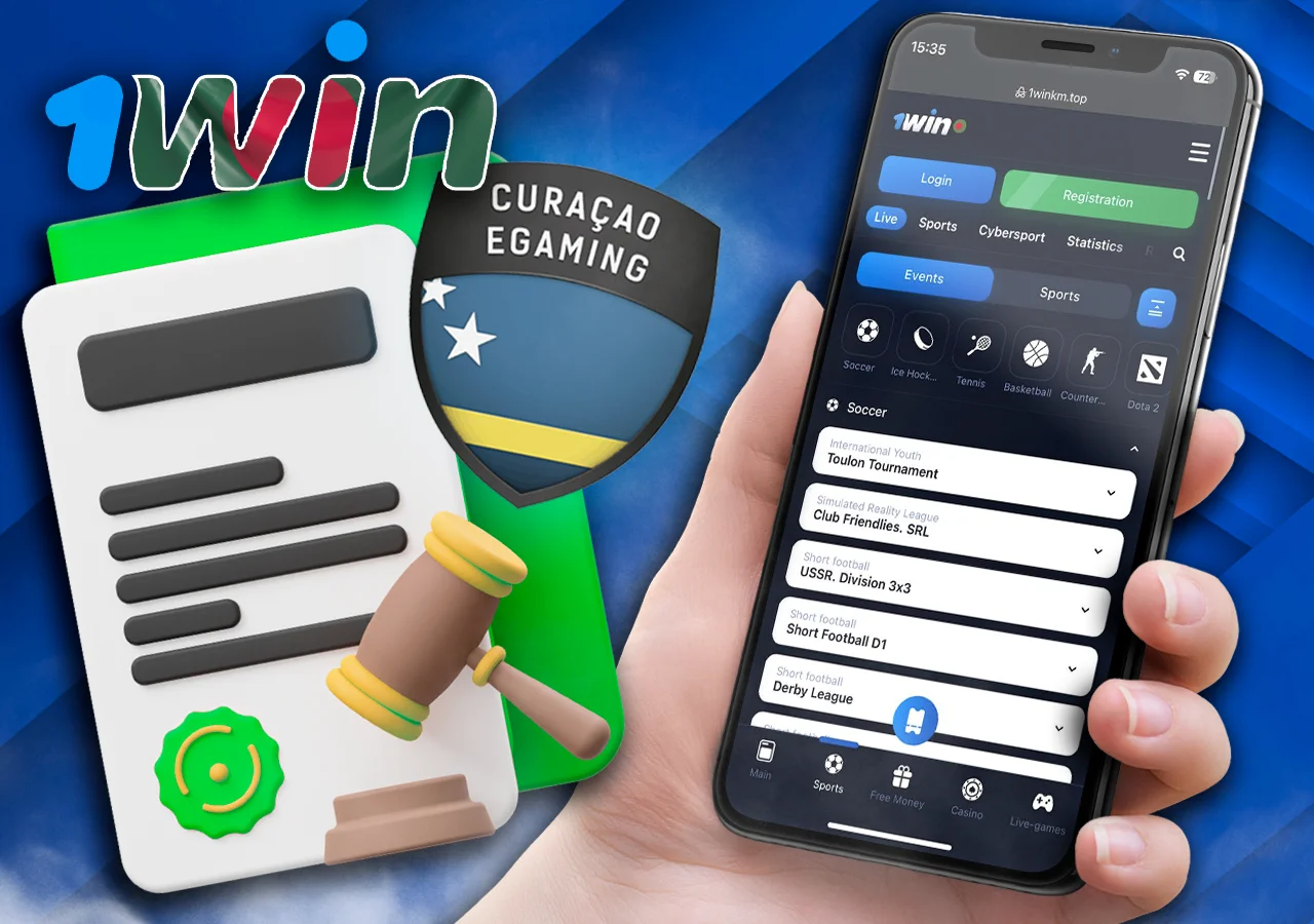 A hand holds a phone with a 1Win sports betting page open, a document and the Curaçao license logo next to it