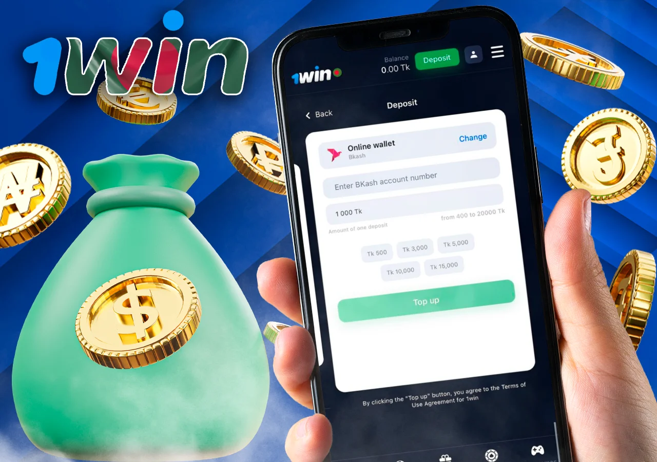 On your phone, 1Win's online wallet app with top-up options, a bag of coins
