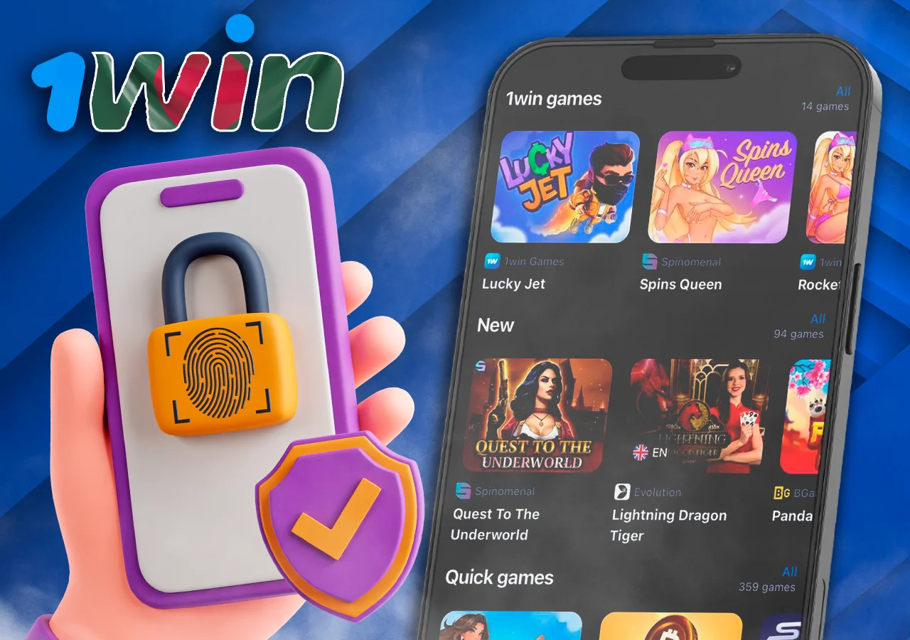 A phone with an open list of online games, a hand with a phone and safety icons beside it