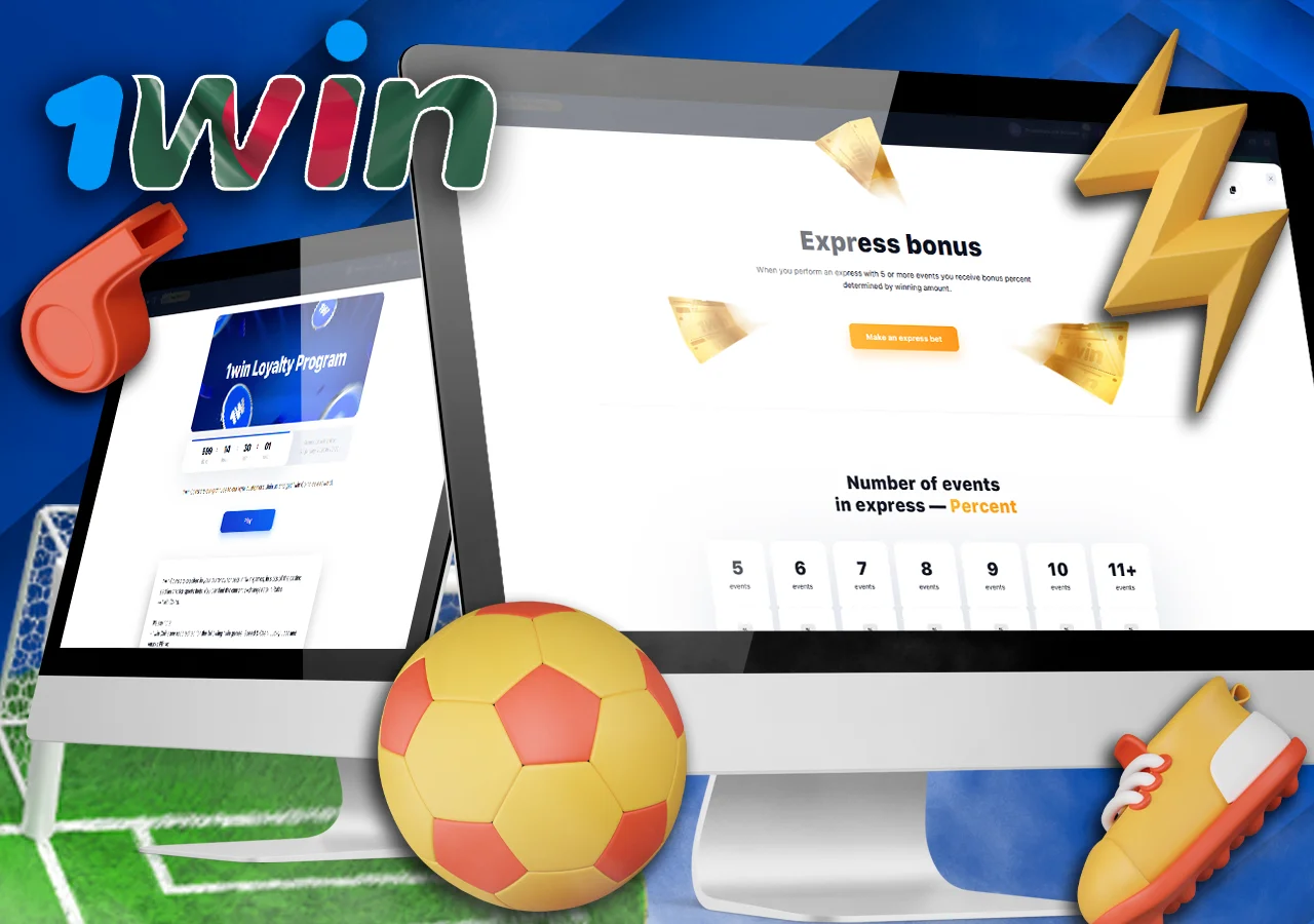 Two computer screens show a gambling website with an express bonuses section. The image also shows a soccer ball, whistle, and shoes