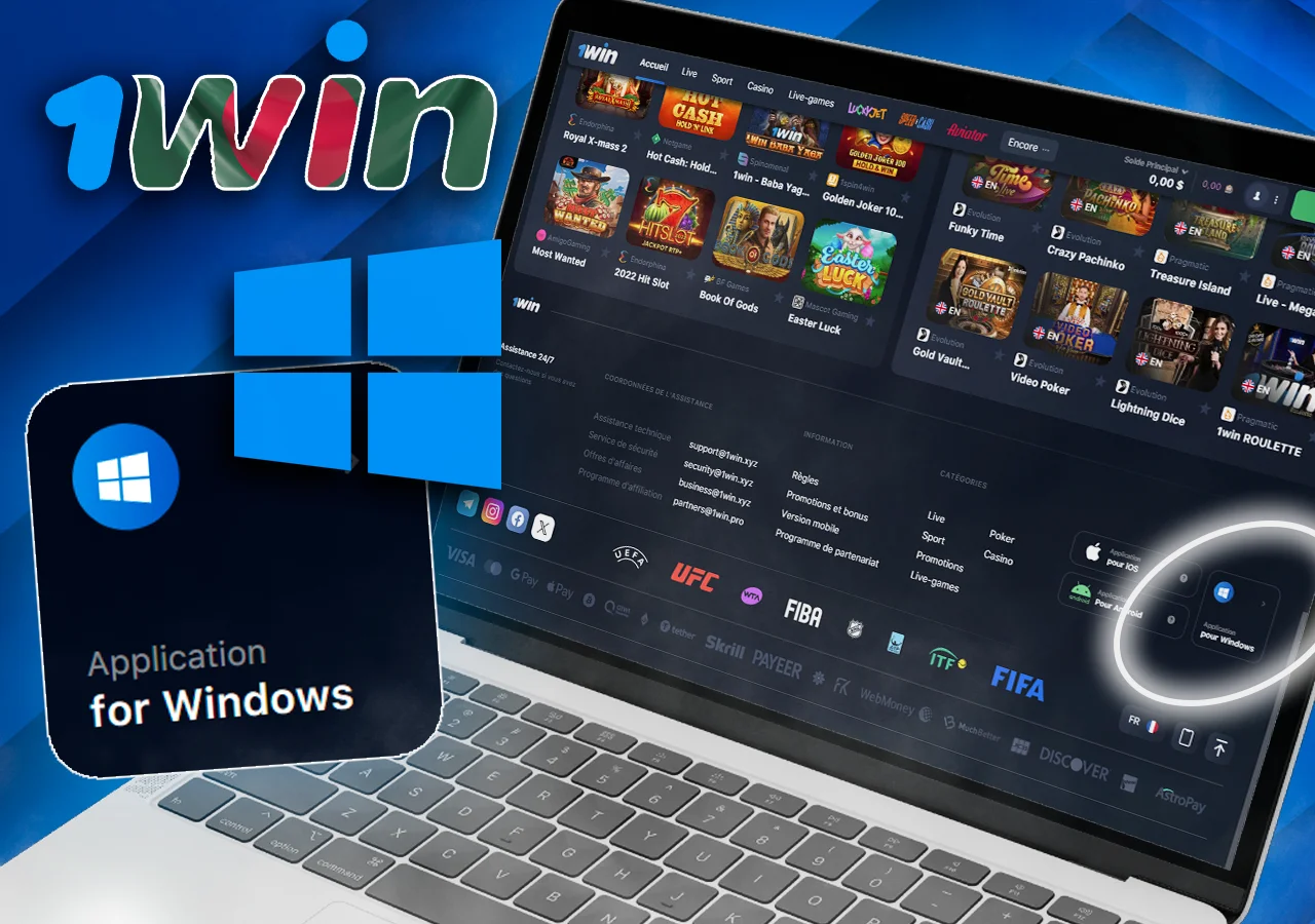The laptop displays the 1Win website. On the left is the Windows logo and the text “Windows Application”.