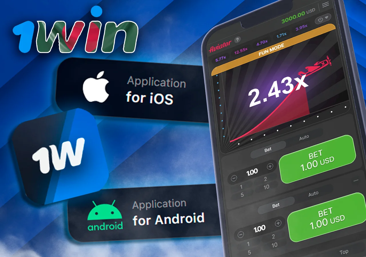 An image promoting the 1win app for iOS and Android, a smartphone screen showing an online game