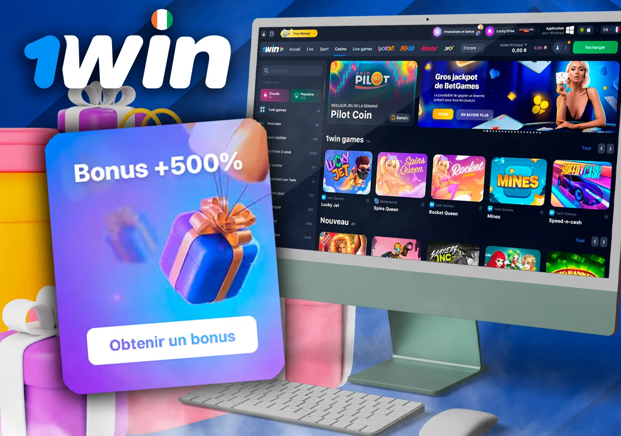 Un ordinateur avec une page ouverte du casino en ligne 1Win, à côté de « get 500% bonus », des cadeaux