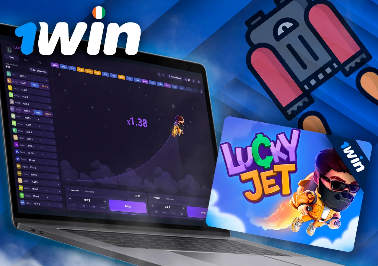 Sur l'ordinateur portable se trouve le jeu populaire Lucky Jet, à côté d'un homme avec un jetpack.