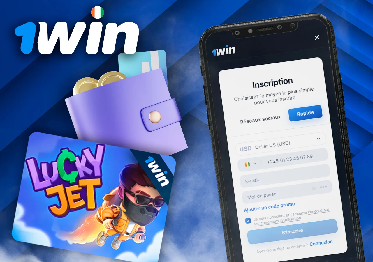 Sur le téléphone, l'inscription au site 1Win est ouverte, à côté du portefeuille contenant de l'argent et de la couverture Lucky Jet.