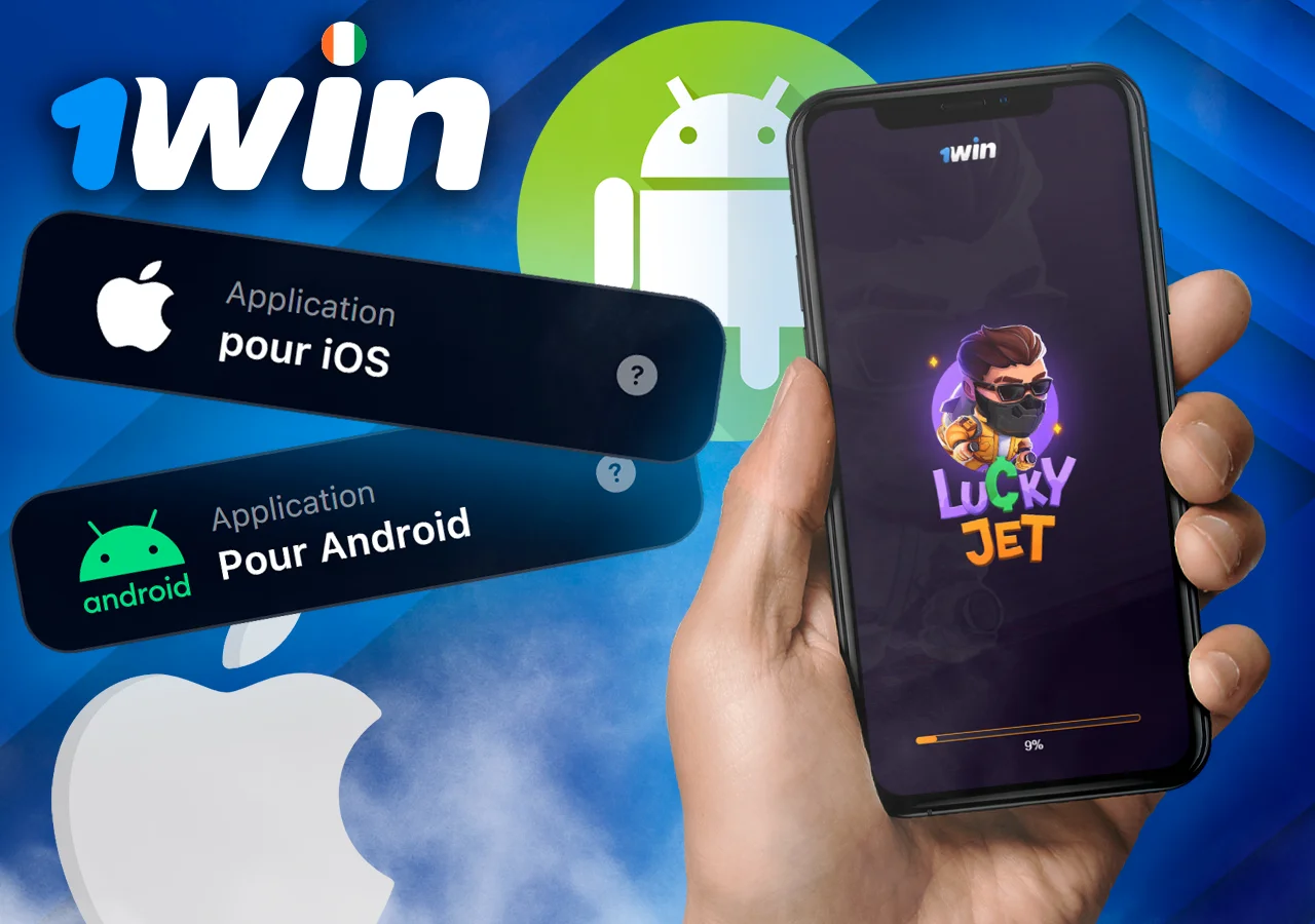 Dans la main, le téléphone avec le lancement du jeu de crash, à côté des boutons pour installer l'application sur Android et iOS.